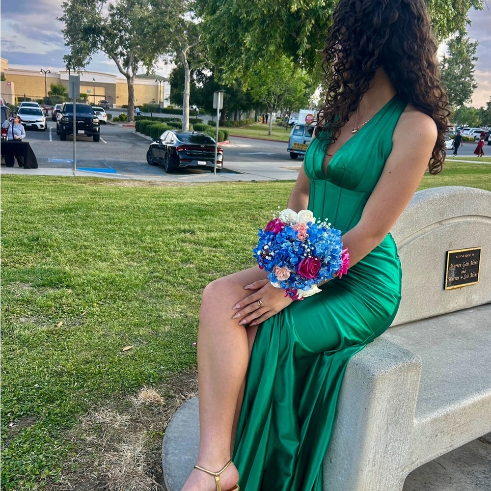 Emerald Green Satin Halter Evening Dress